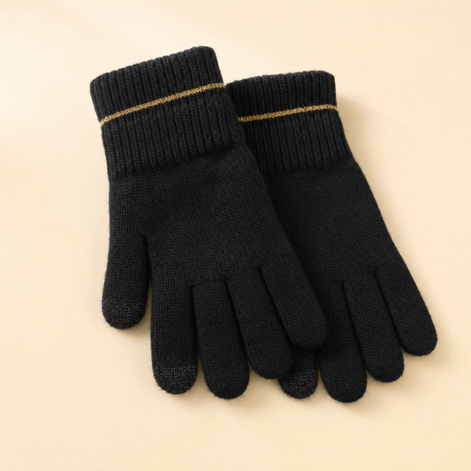 Gold-trim black knit gloves