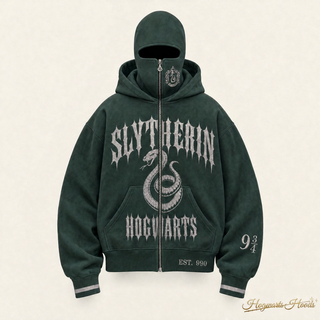 Slytherin House Hoodie — front, balaclava zipped