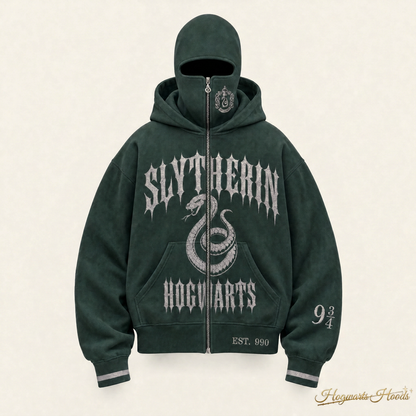 Slytherin House Hoodie — front, balaclava zipped