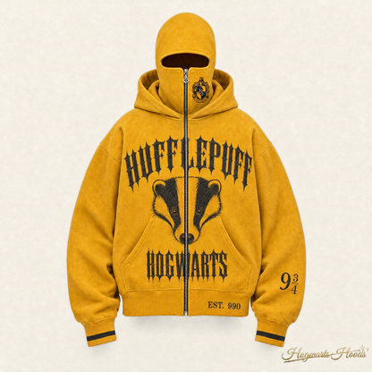 Hufflepuff House Hoodie — front, balaclava zipped